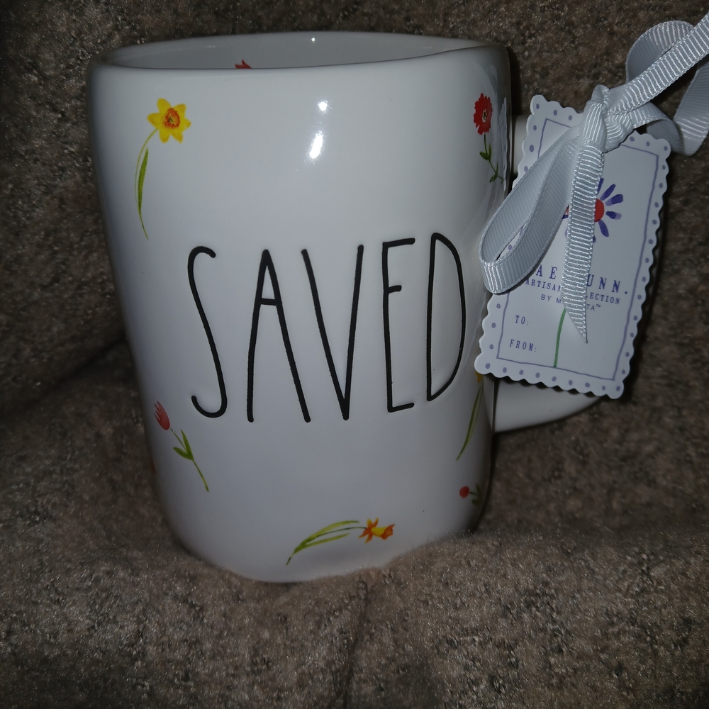 Rae Dunn White 'SAVED' Mug with Floral Accents